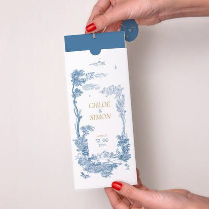 Faire-part Mariage Pochette portrait 2 cartes, étiquette Les jardins bleus photo N° 2