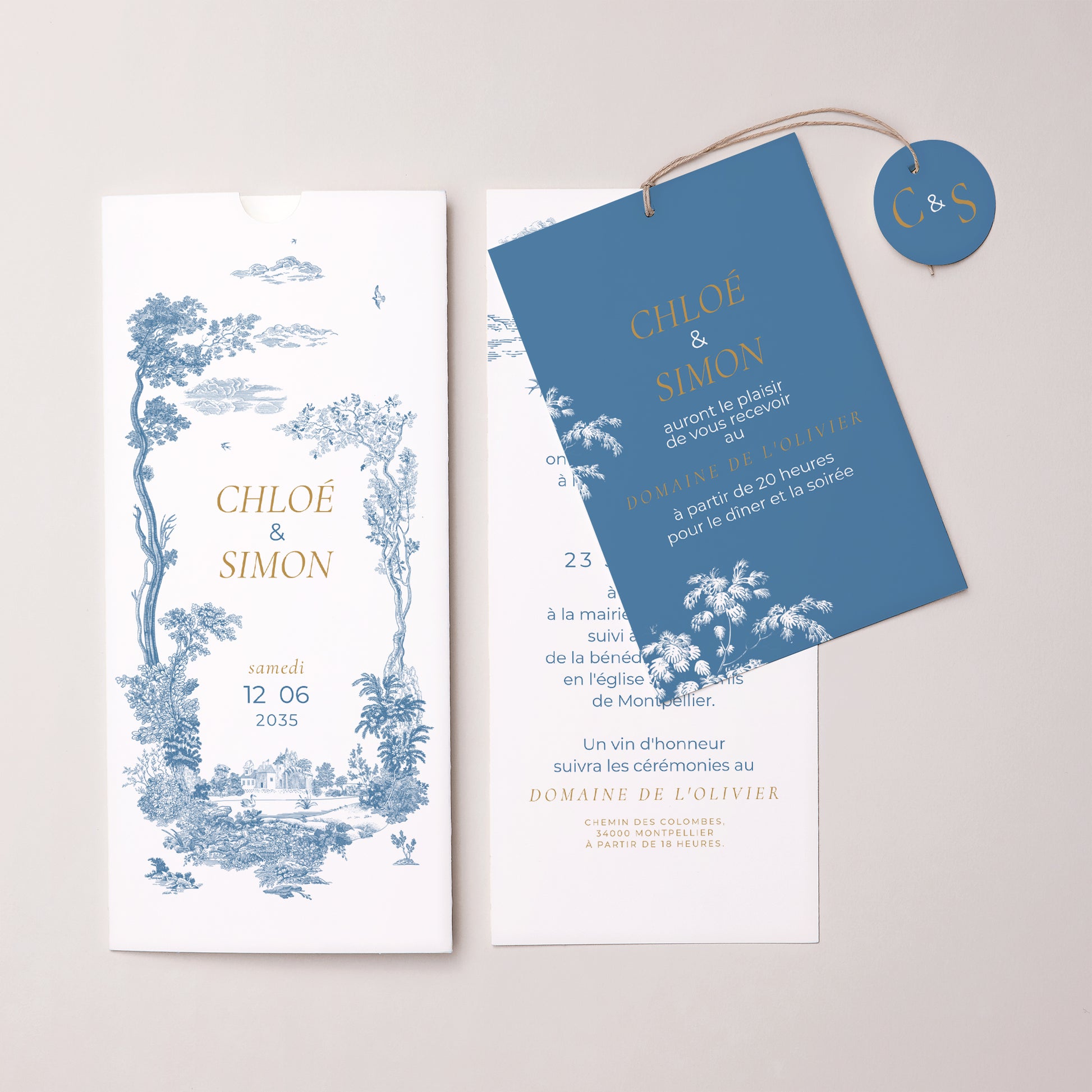 Faire-part Mariage Pochette portrait 2 cartes, étiquette Les jardins bleus photo N° 3