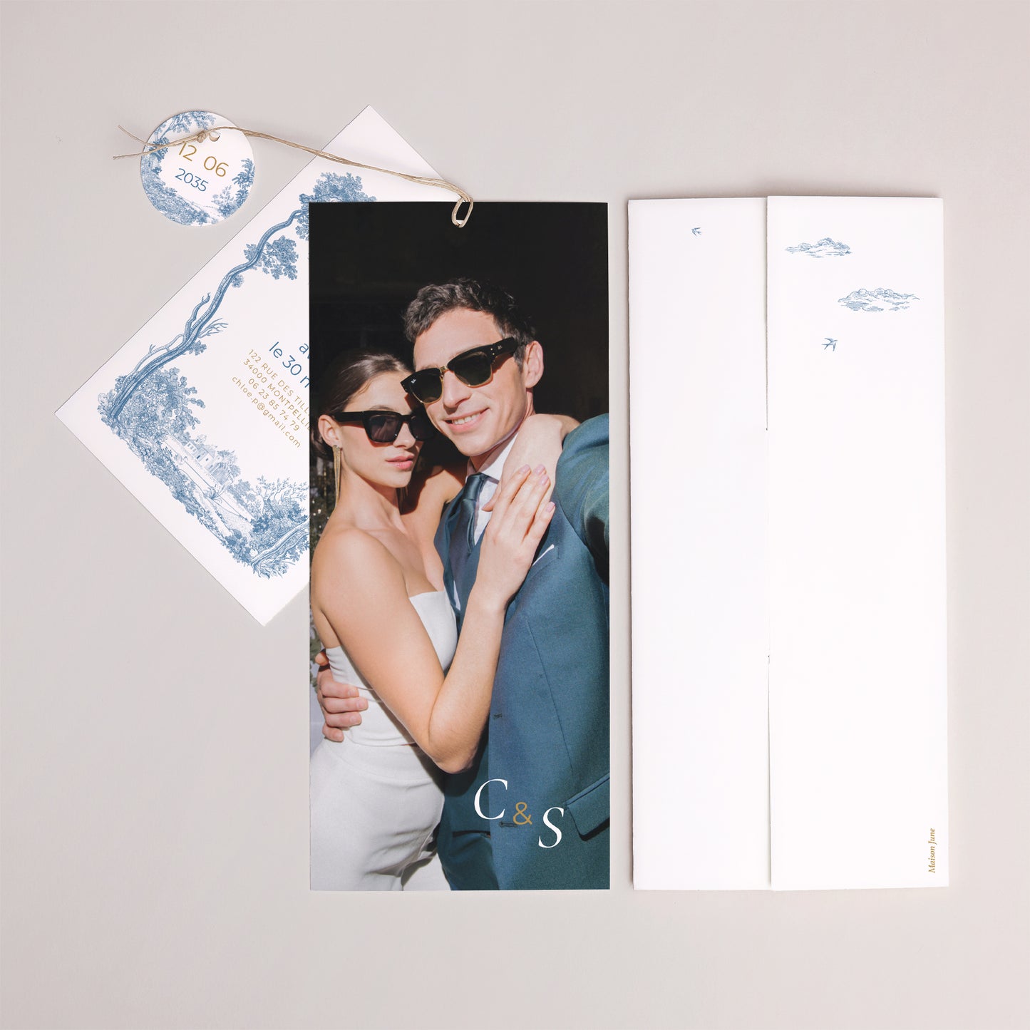 Faire-part Mariage Pochette portrait 2 cartes, étiquette Les jardins bleus photo N° 4