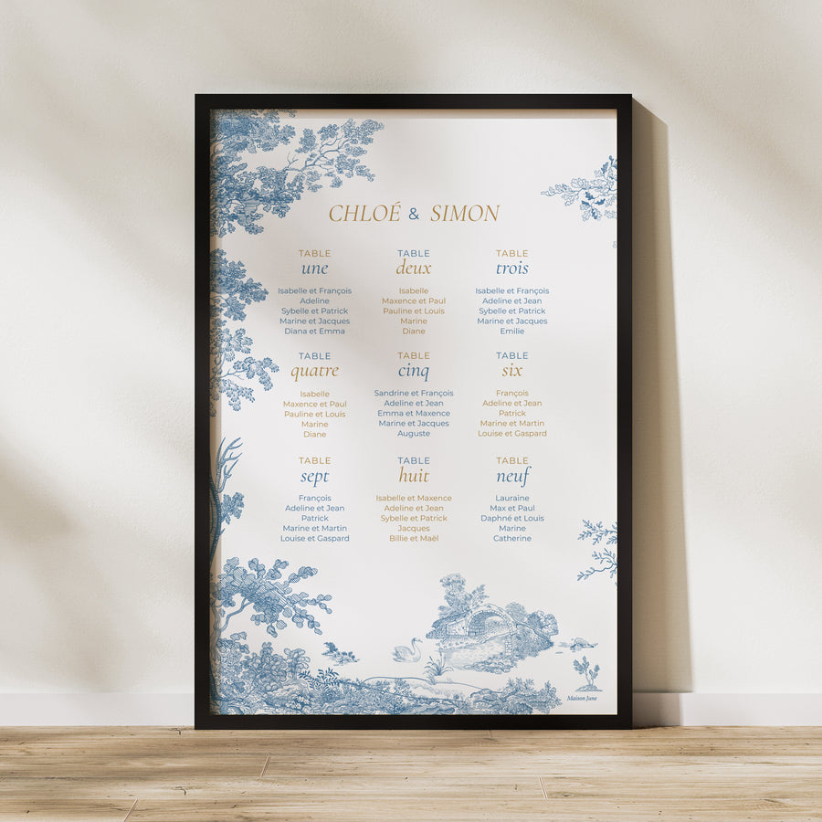 Plan de table Mariage Portrait 60 x 90 cm Les jardins bleus photo