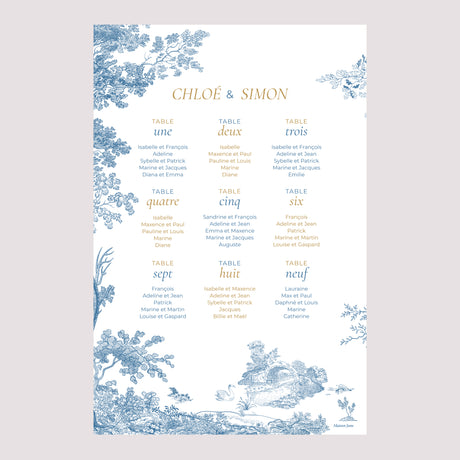 Plan de table Mariage Portrait 60 x 90 cm Les Jardins Bleus