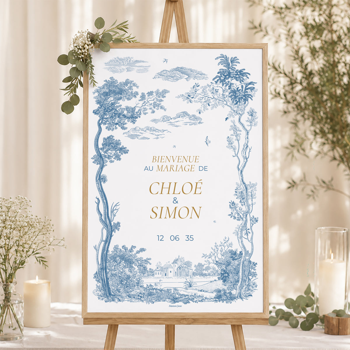 Panneau bienvenue Mariage Portrait 60 x 90 cm Les Jardins Bleus photo N° 1
