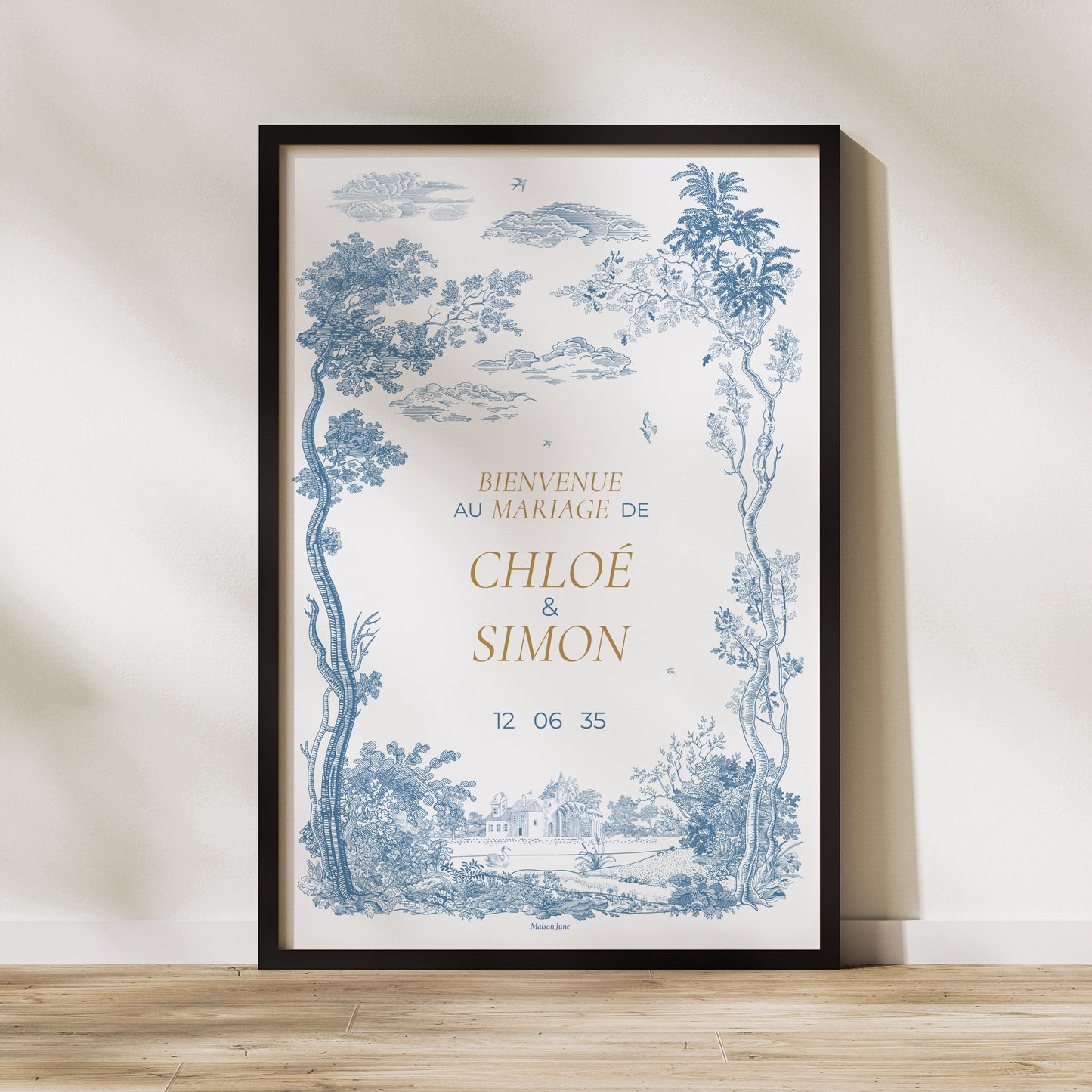 Panneau bienvenue Mariage Portrait 60 x 90 cm Les jardins bleus photo N° 1