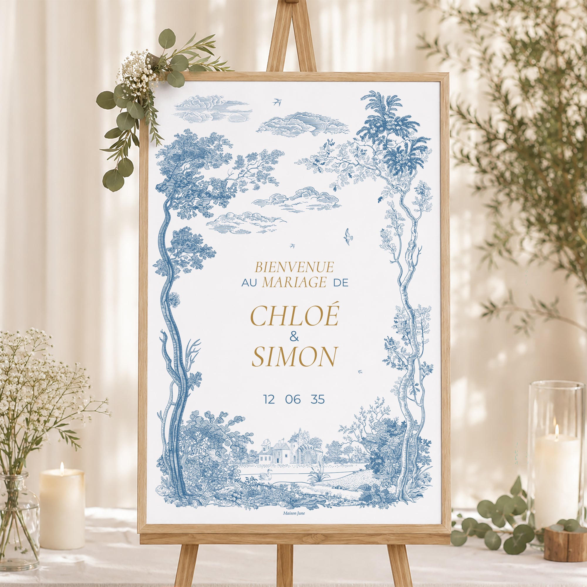 Panneau bienvenue Mariage Portrait 60 x 90 cm Les Jardins Bleus photo N° 1