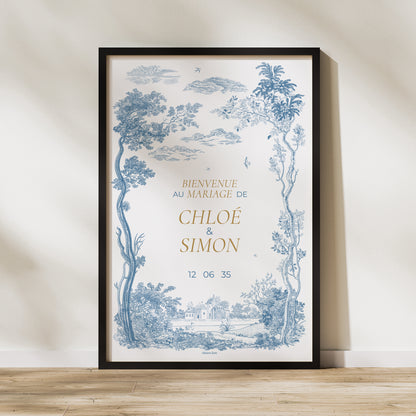 Panneau bienvenue Mariage Portrait 60 x 90 cm Les jardins bleus photo N° 1