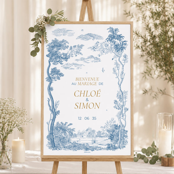 Panneau bienvenue Mariage Portrait 60 x 90 cm Les Jardins Bleus photo