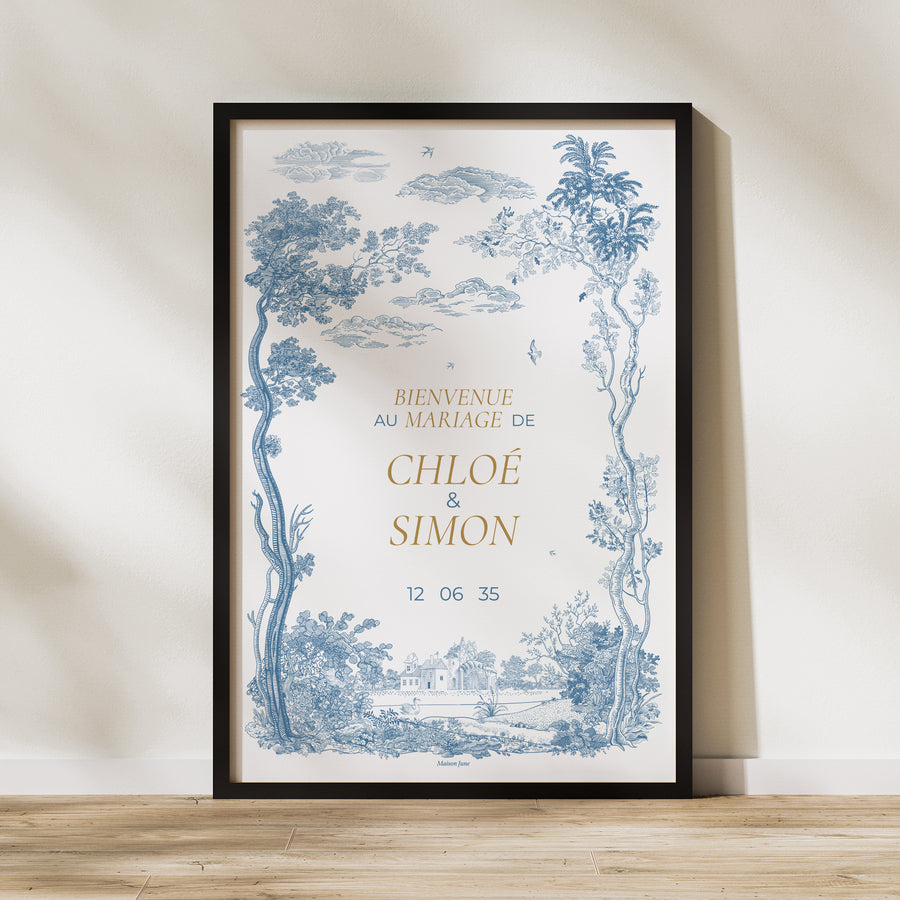 Panneau bienvenue Mariage Portrait 60 x 90 cm Les jardins bleus photo