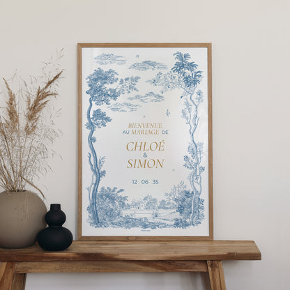 Panneau bienvenue Mariage Portrait 60 x 90 cm Les jardins bleus photo N° 2