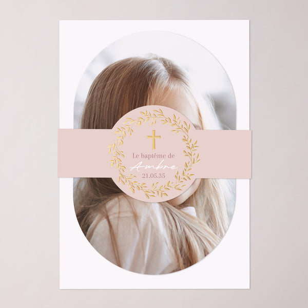 Faire-part Baptême bandeau, 2 cartes Couronne de Douceur Rose photo