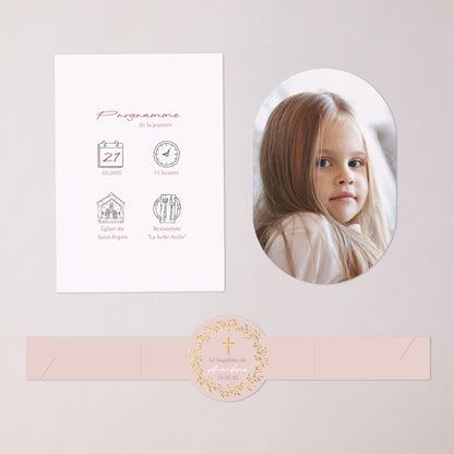 Faire-part Baptême bandeau, 2 cartes Couronne de Douceur Rose photo N° 3