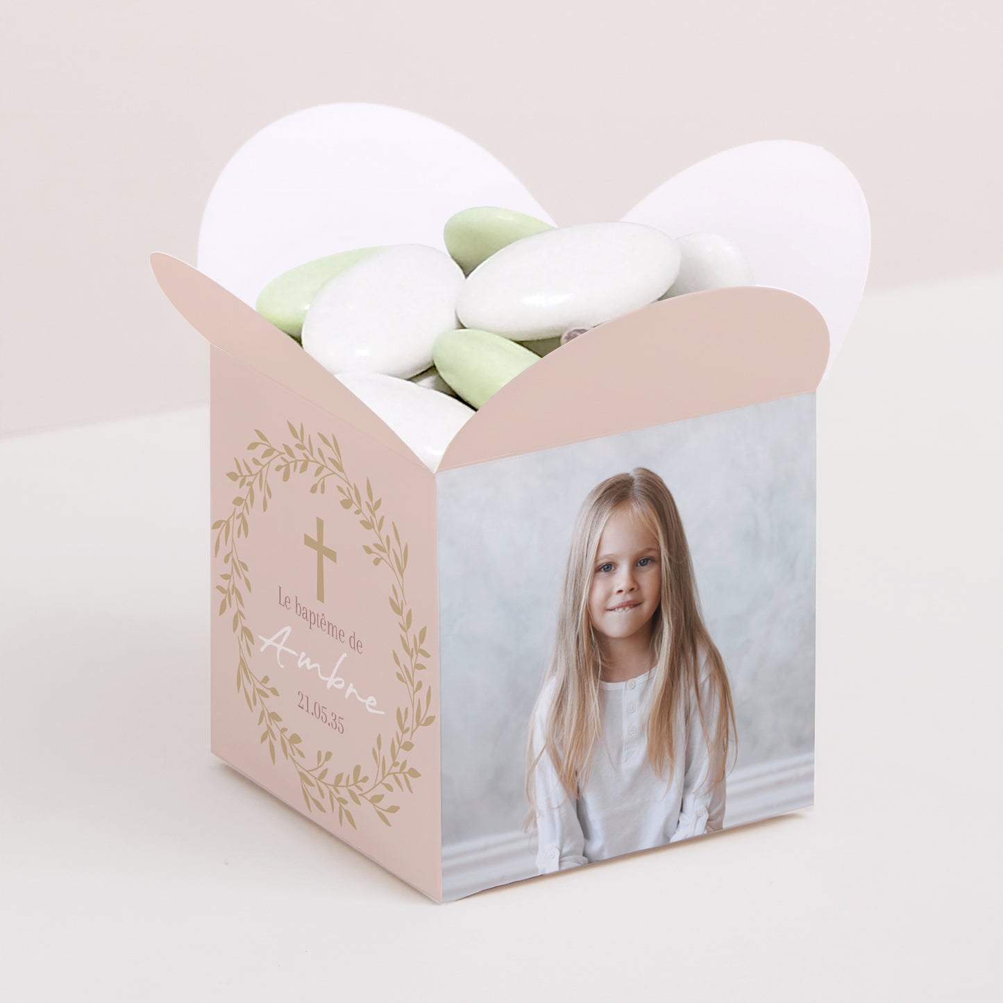 Boîte à dragées Baptême Ouverture papillon Couronne de Douceur Rose photo N° 1