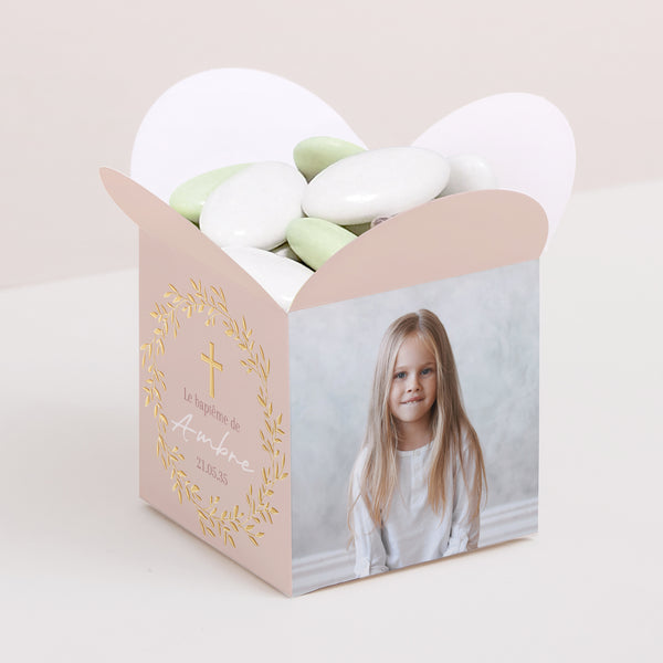 Boîte à dragées Baptême Ouverture papillon Couronne de Douceur Rose photo