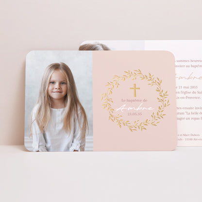Faire-part Baptême Paysage, bords arrondis Couronne de Douceur Rose photo N° 1