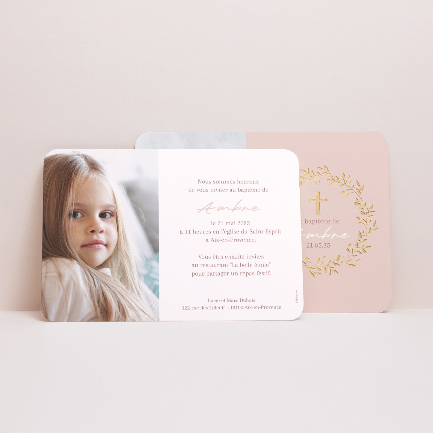 Faire-part Baptême Paysage, bords arrondis Couronne de Douceur Rose photo N° 2