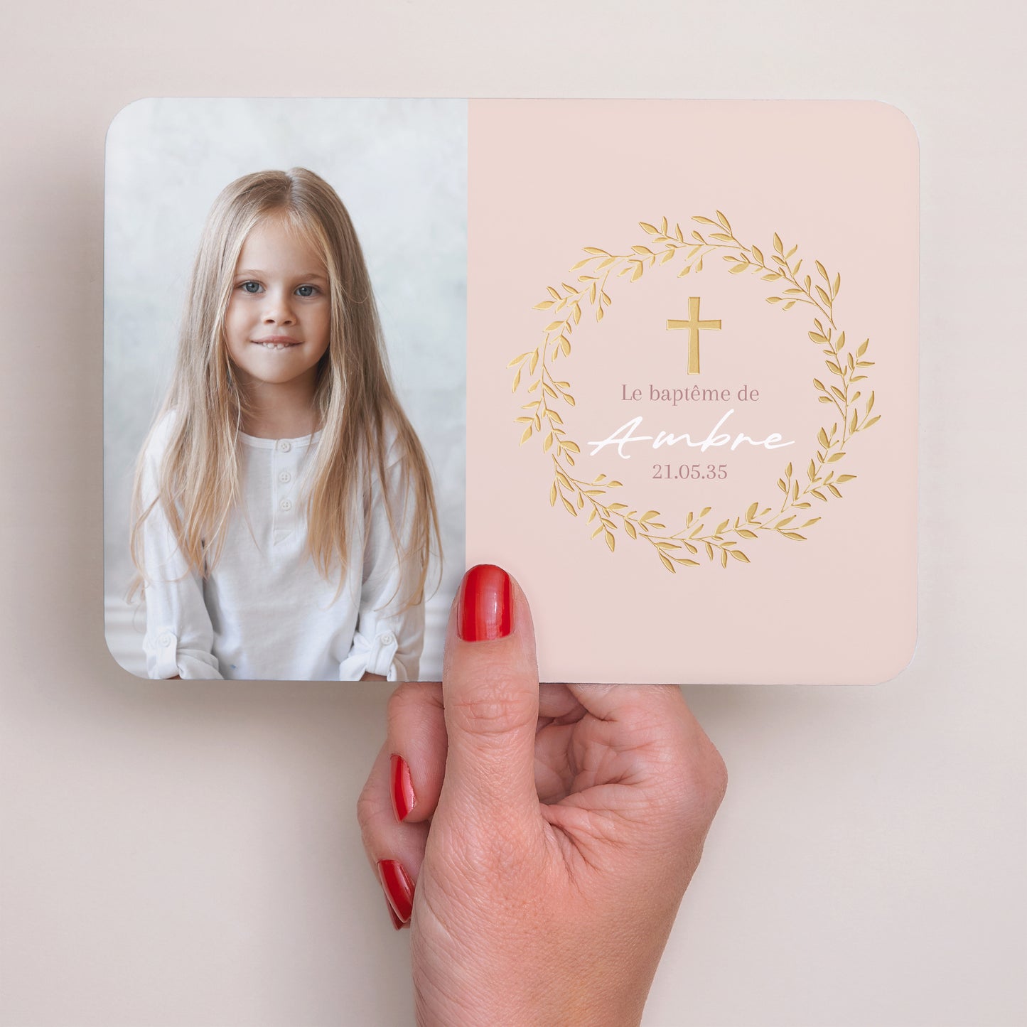 Faire-part Baptême Paysage, bords arrondis Couronne de Douceur Rose photo N° 3