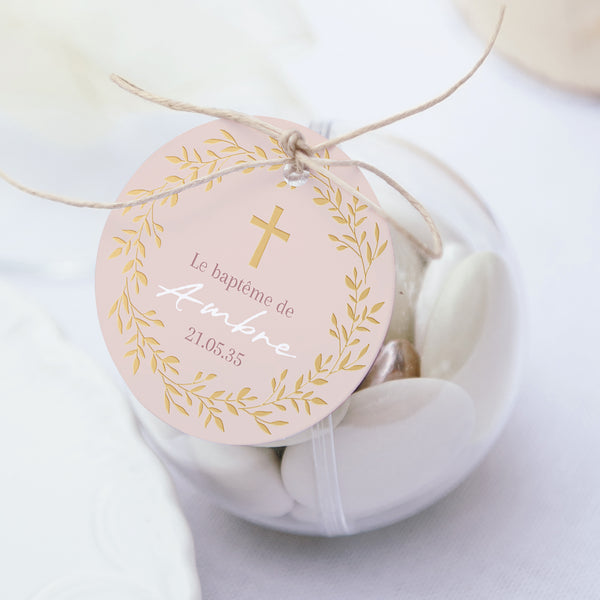 Boîte à dragées Baptême boule avec étiquette ronde Couronne de Douceur Rose photo
