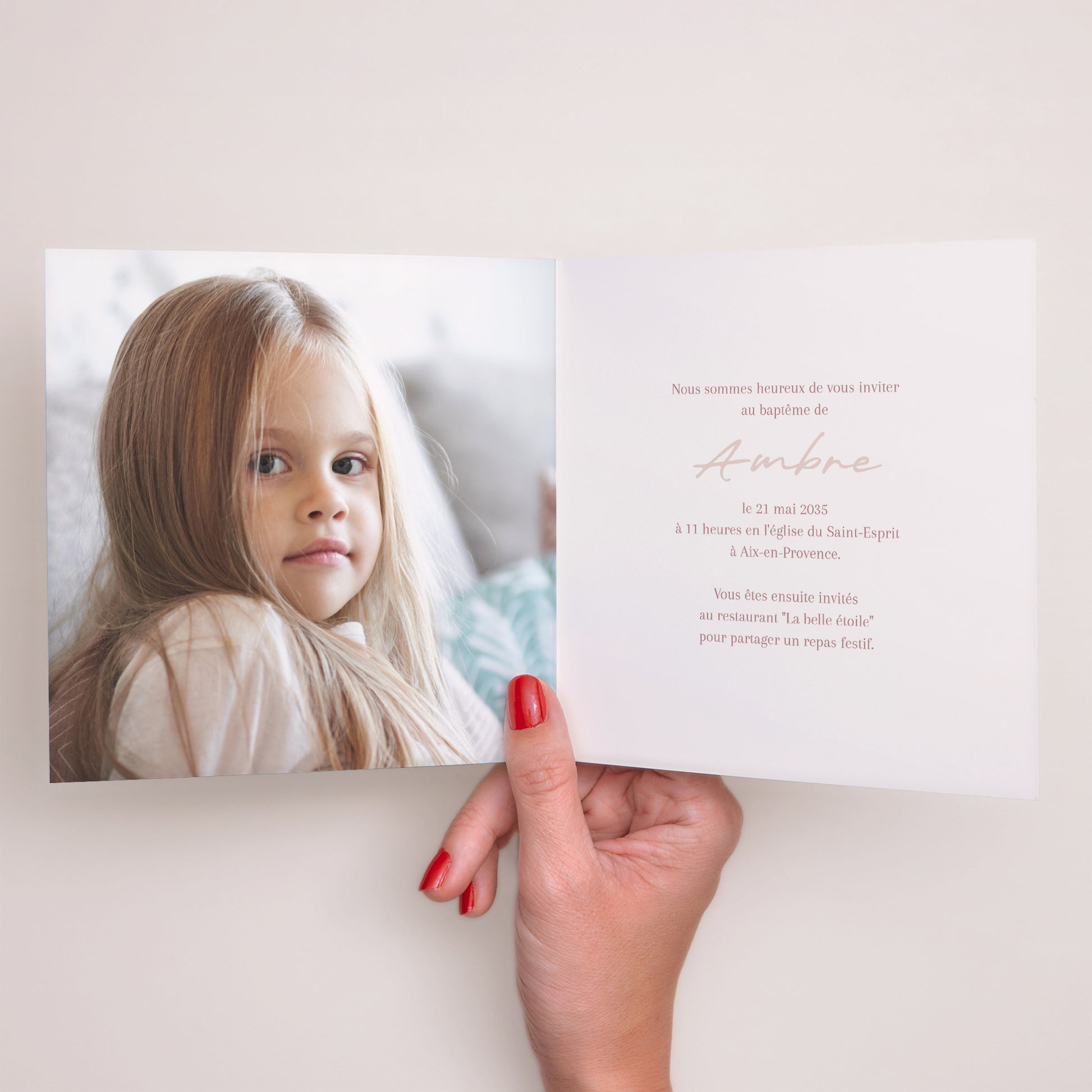 Faire-part Baptême Carré double volet Couronne de Douceur Rose photo N° 2