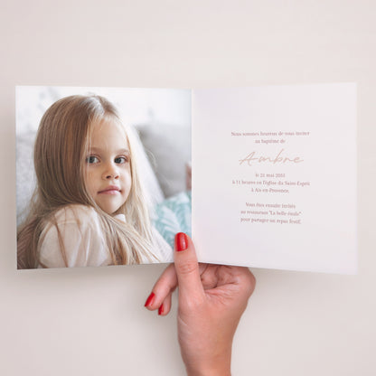 Faire-part Baptême Carré double volet Couronne de Douceur Rose photo N° 2