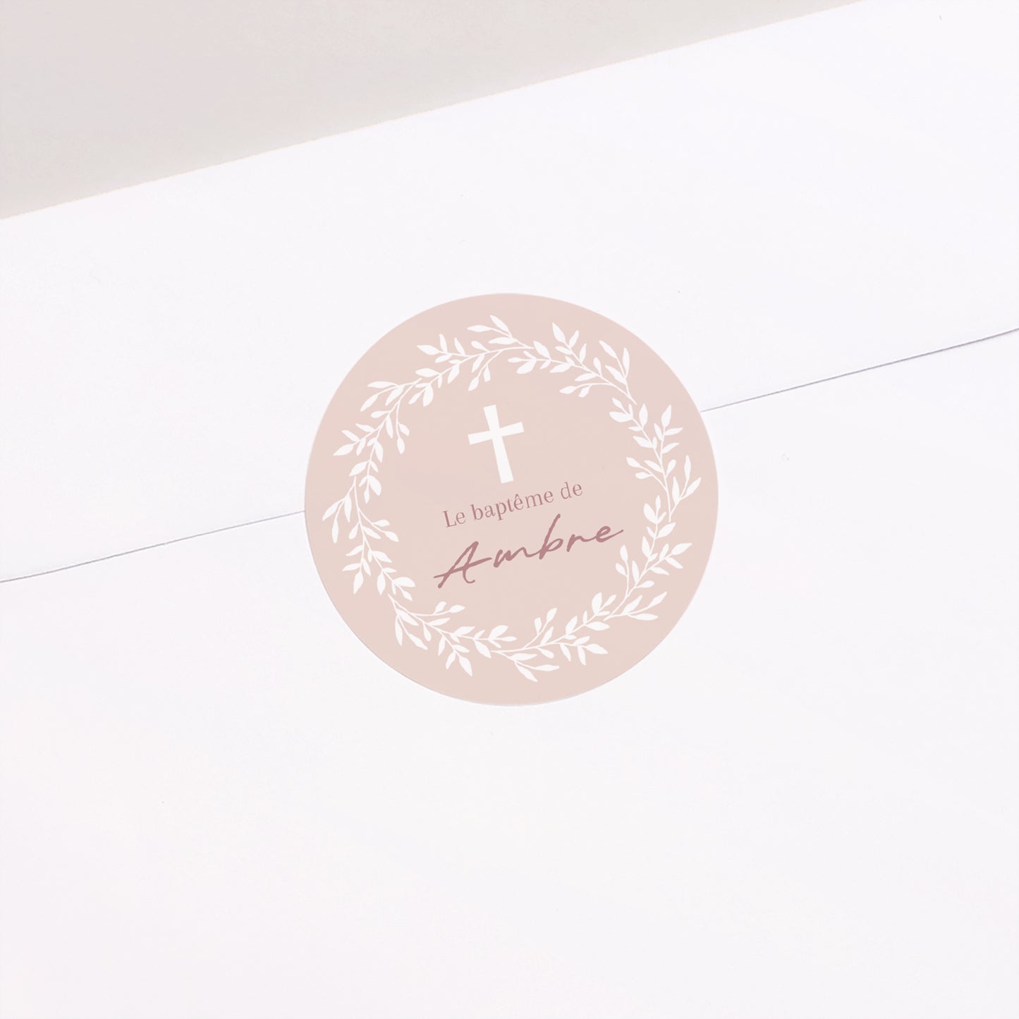 Sticker Baptême Rond Couronne de Douceur Rose photo N° 1