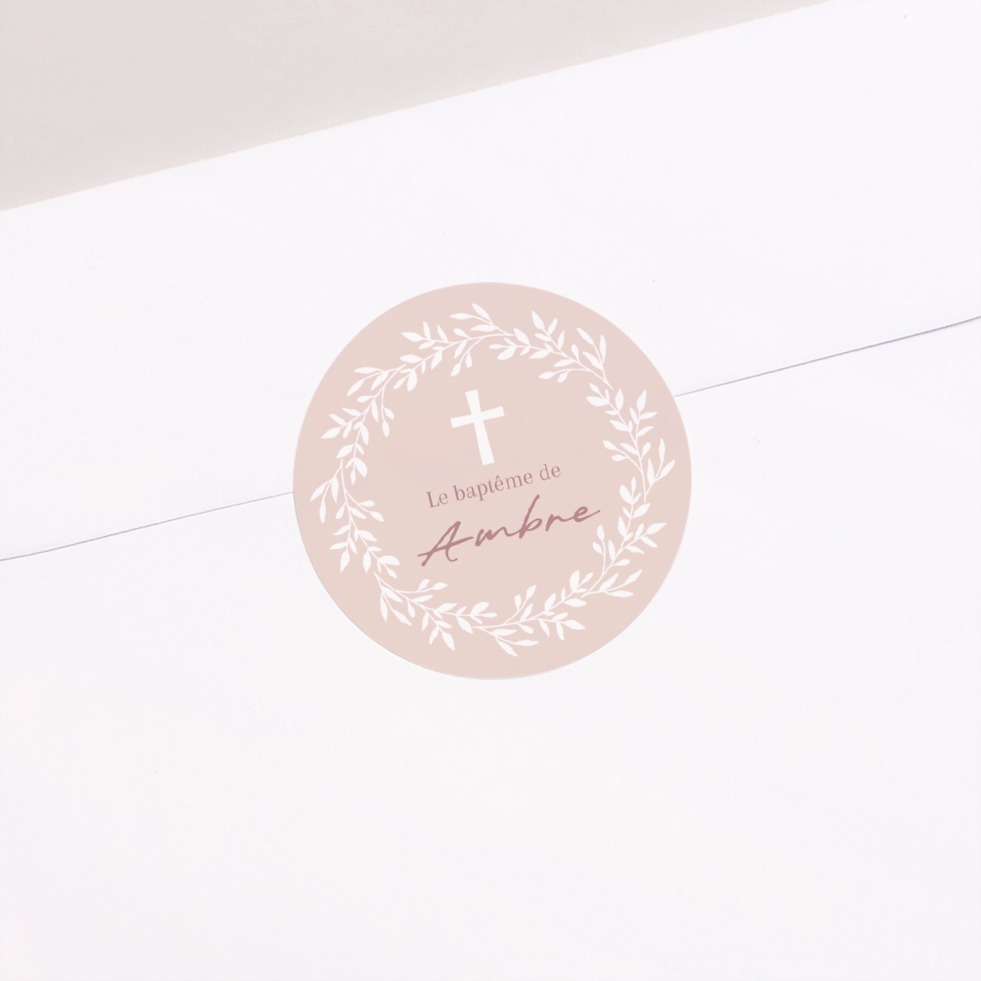 Sticker Baptême Rond Couronne de Douceur Rose photo N° 1