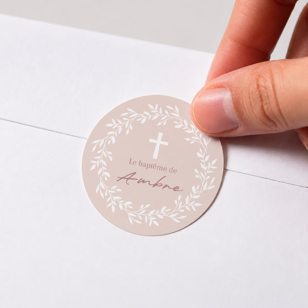 Sticker Baptême Rond Couronne de Douceur Rose photo