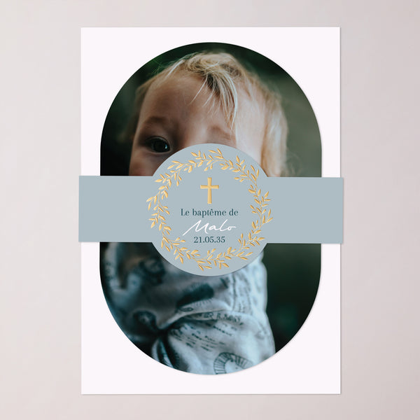 Faire-part Baptême bandeau, 2 cartes Couronne de Douceur Bleue photo