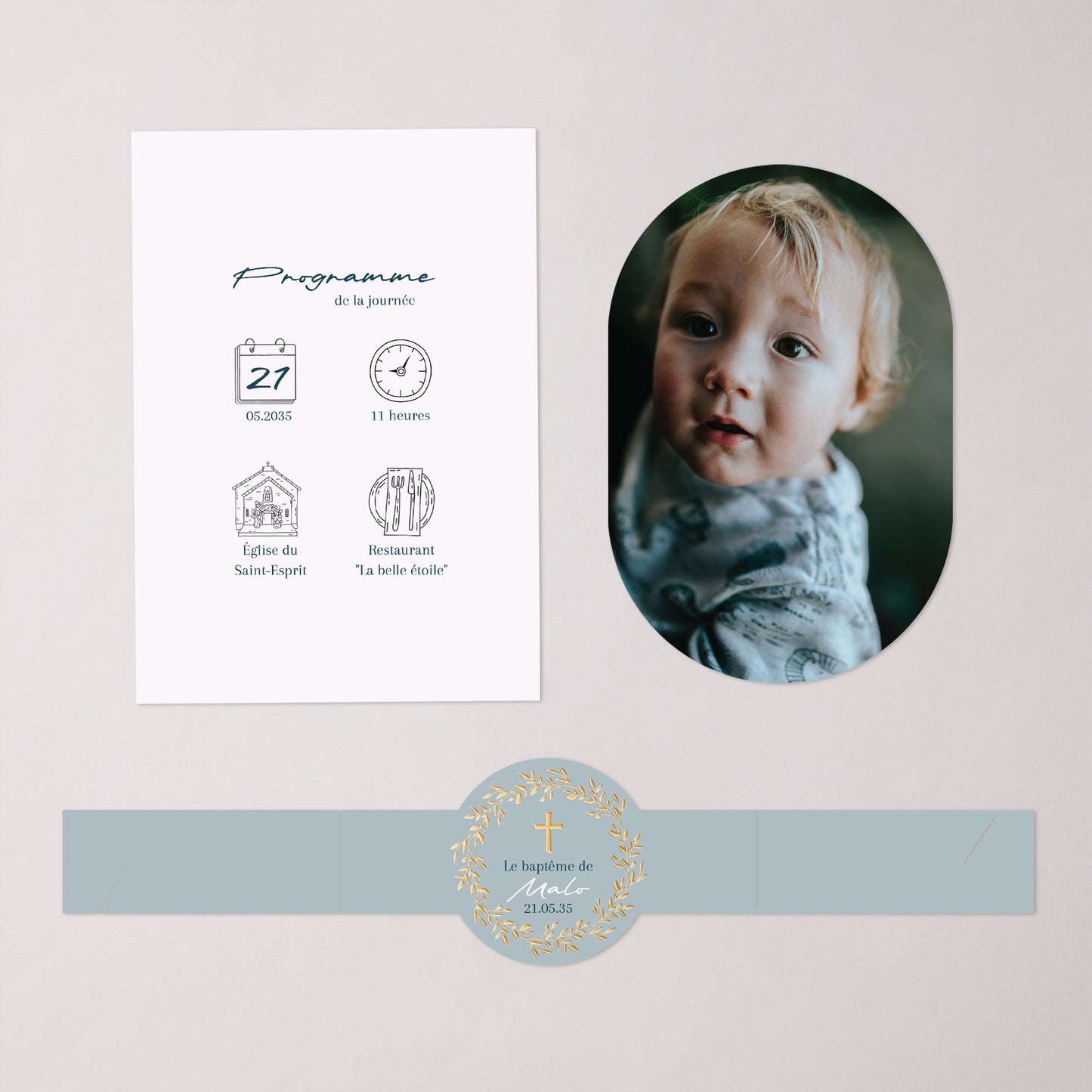 Faire-part Baptême bandeau, 2 cartes Couronne de Douceur Bleue photo N° 3