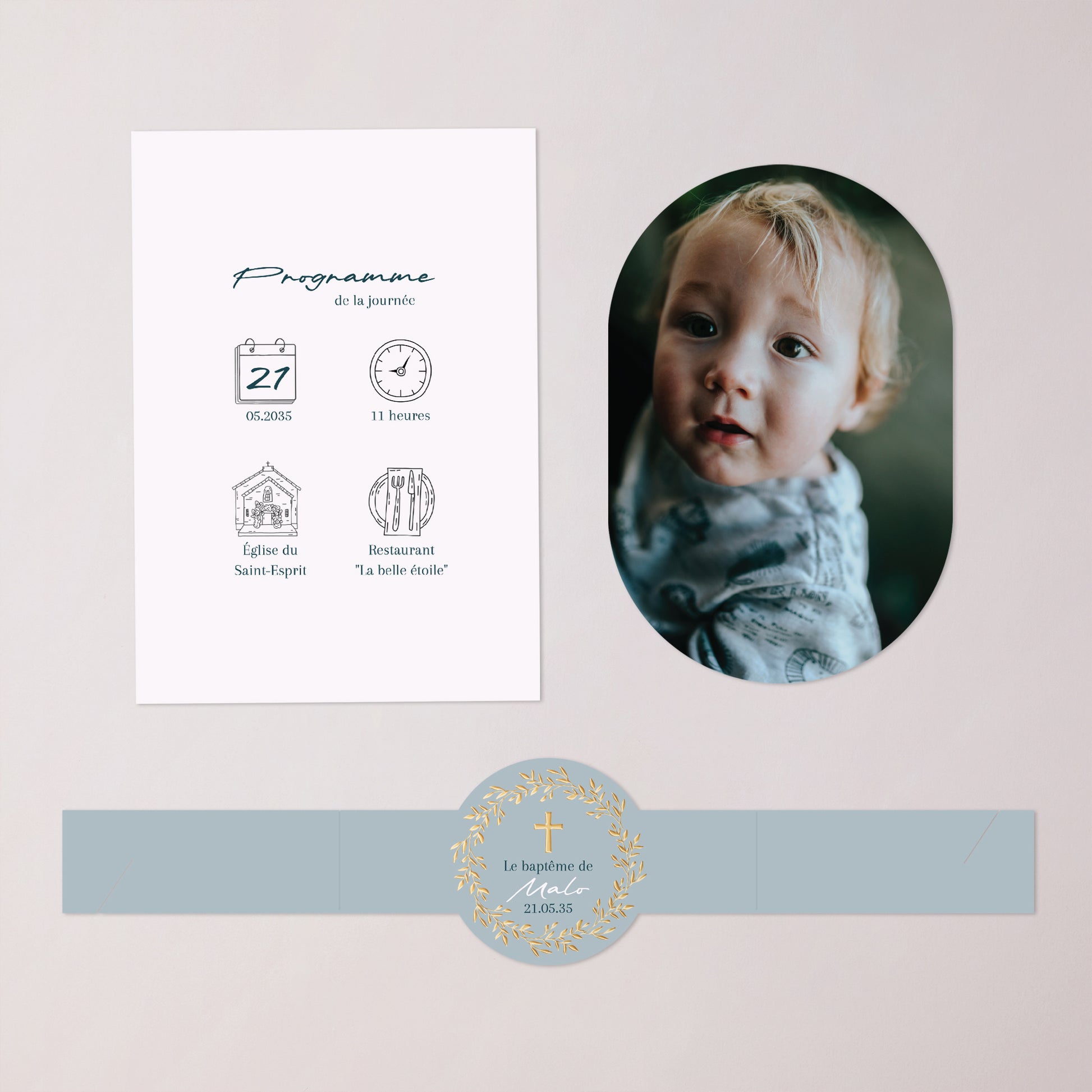 Faire-part Baptême bandeau, 2 cartes Couronne de Douceur Bleue photo N° 3