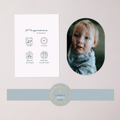 Faire-part Baptême bandeau, 2 cartes Couronne de Douceur Bleue photo N° 3