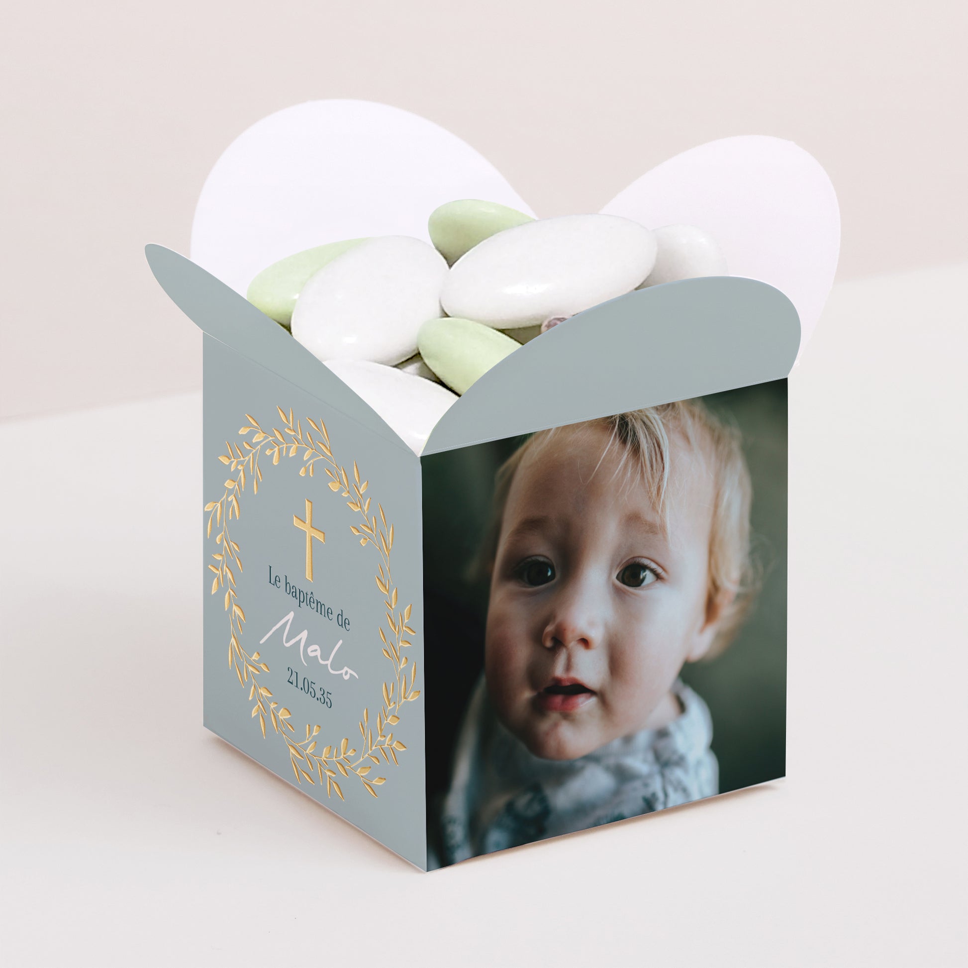 Boîte à dragées Baptême Ouverture papillon Couronne de Douceur Bleue photo N° 1