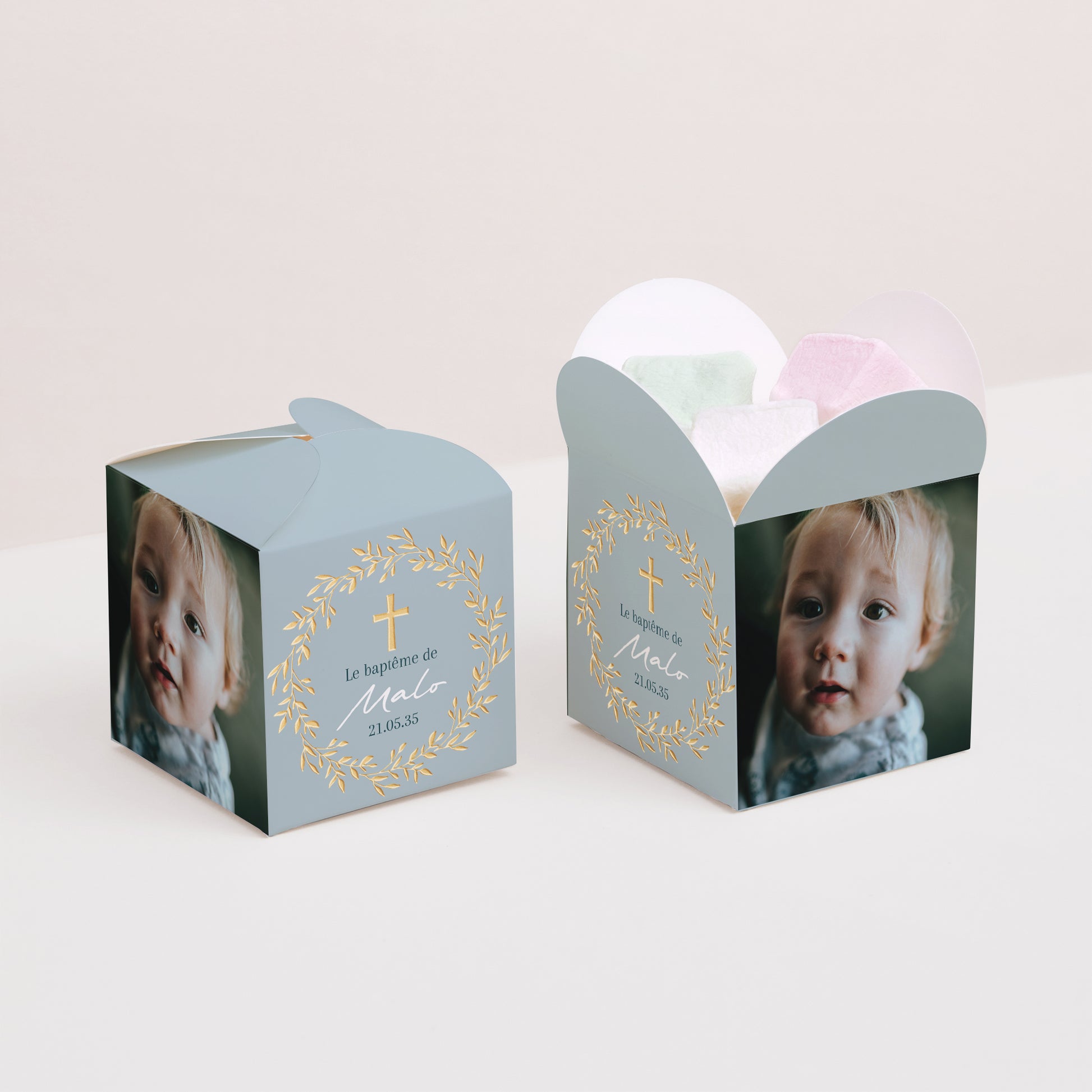 Boîte à dragées Baptême Ouverture papillon Couronne de Douceur Bleue photo N° 2