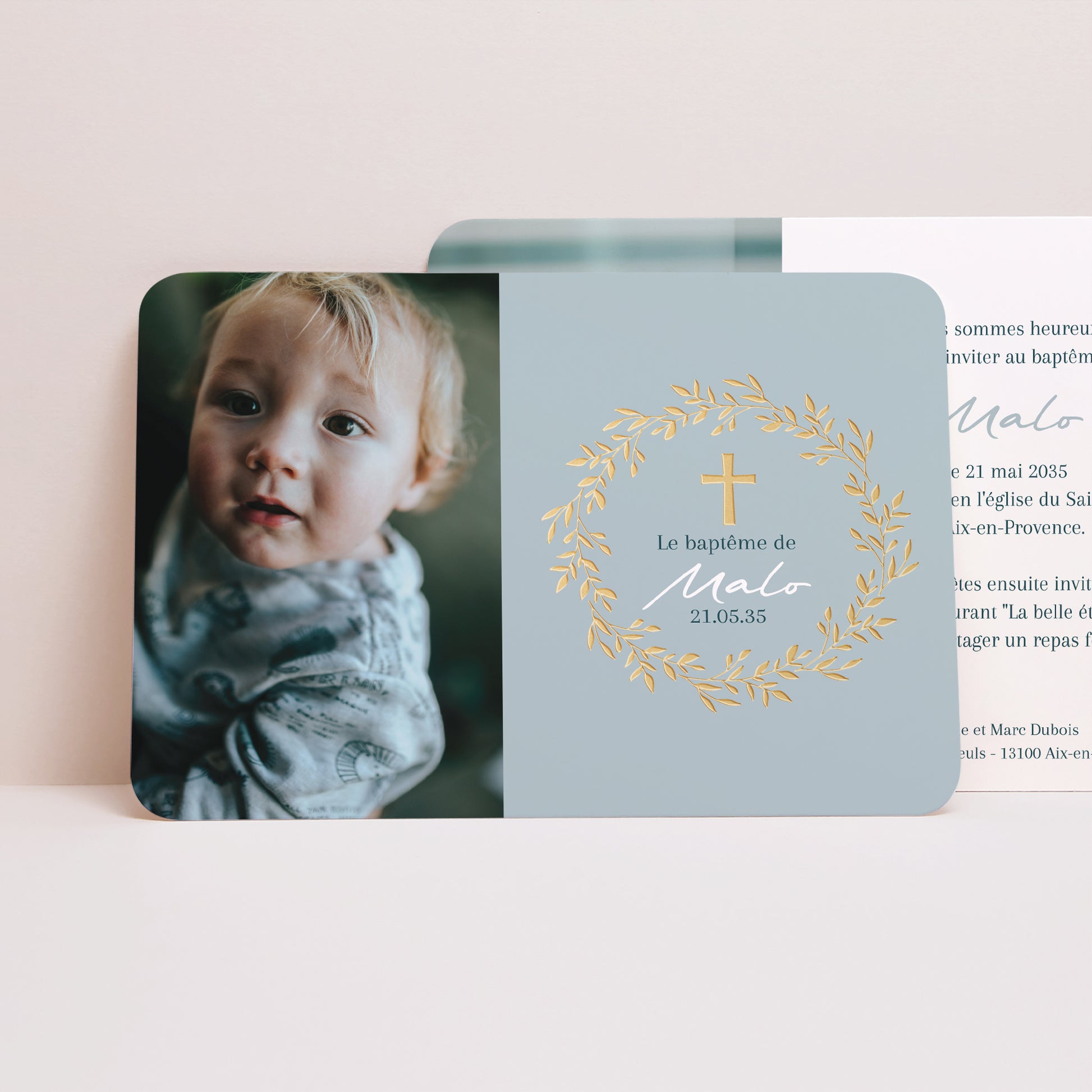 Faire-part Baptême Paysage, bords arrondis Couronne de Douceur Bleue photo N° 1