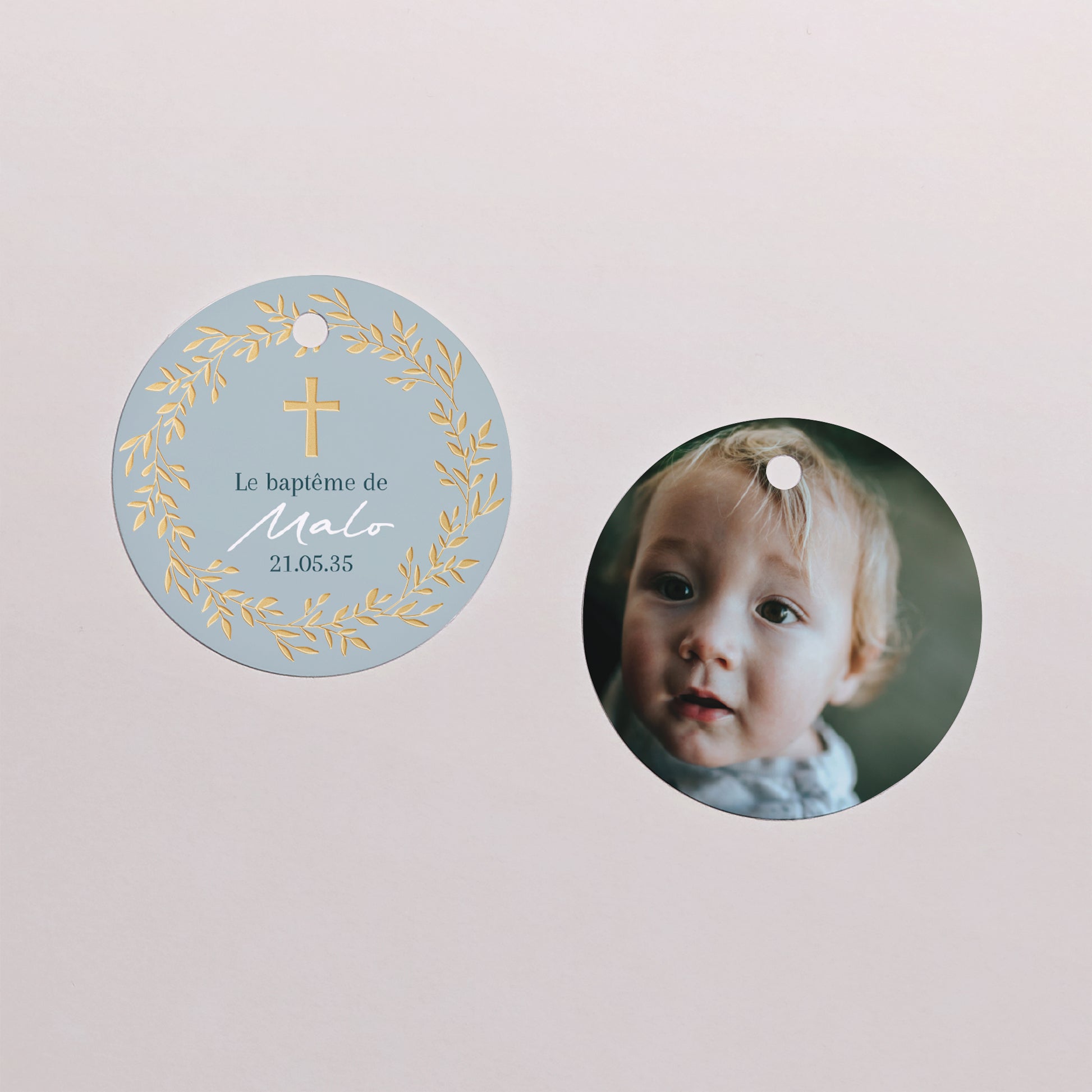 Boîte à dragées Baptême boule avec étiquette ronde Couronne de Douceur Bleue photo N° 3