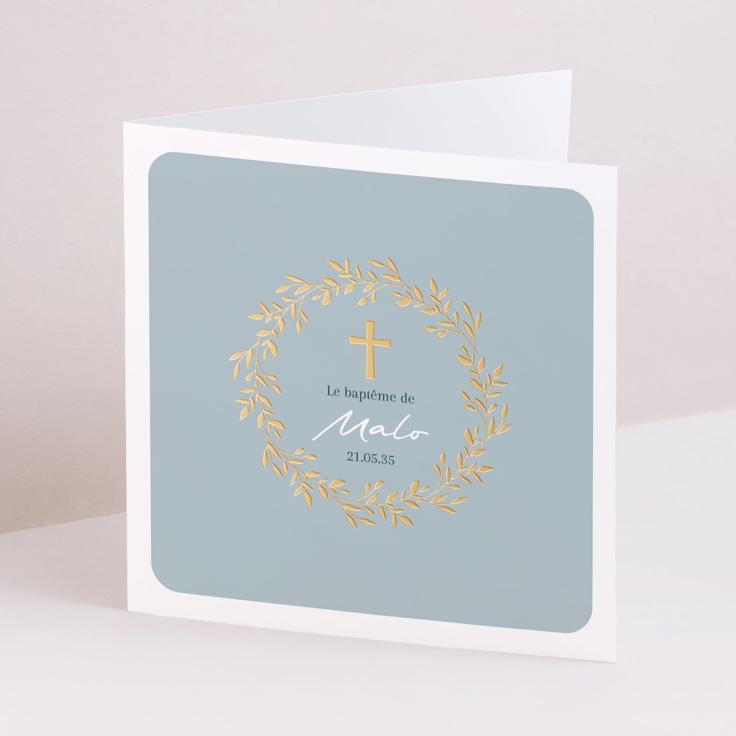 Faire-part Baptême Carré double volet Couronne de Douceur Bleue photo N° 1