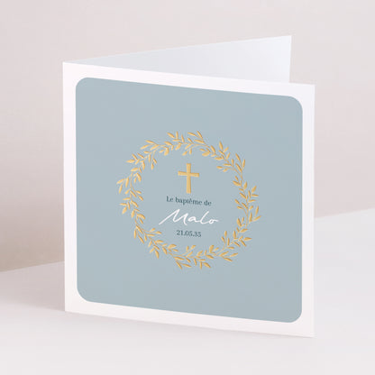 Faire-part Baptême Carré double volet Couronne de Douceur Bleue photo N° 1