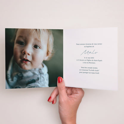 Faire-part Baptême Carré double volet Couronne de Douceur Bleue photo N° 2