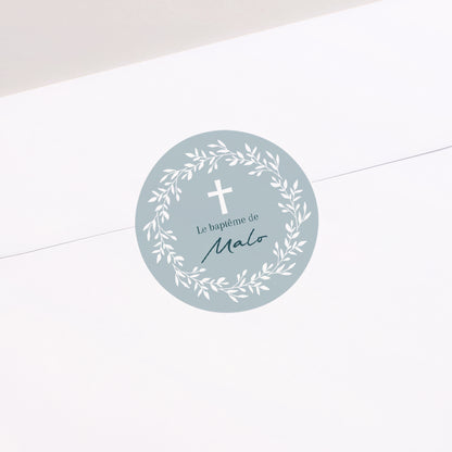 Sticker Baptême Rond Couronne de Douceur Bleue photo N° 1