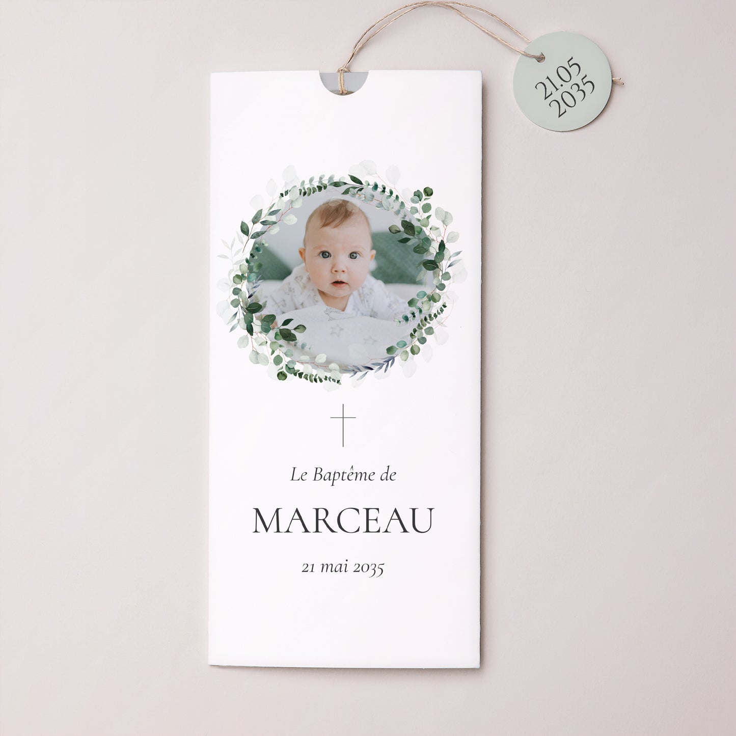 Faire-part Baptême Pochette portrait 2 cartes, étiquette La Couronne Sacrée photo N° 1