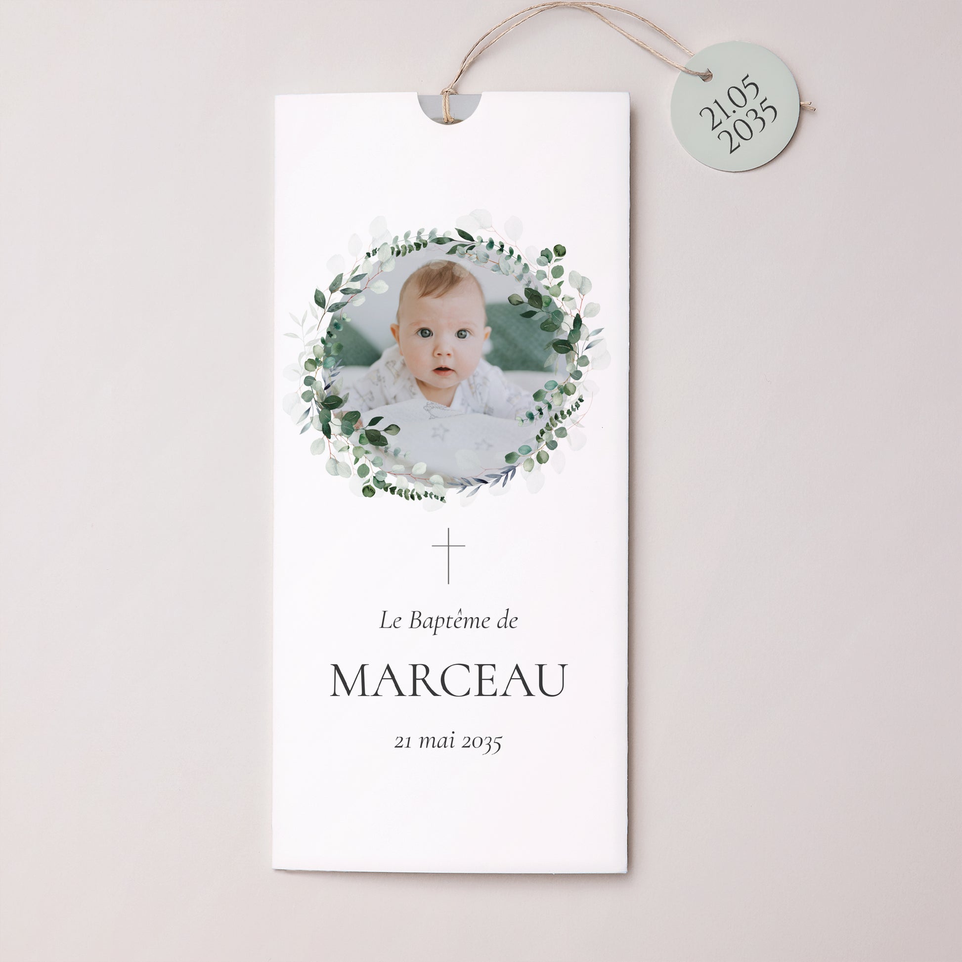 Faire-part Baptême Pochette portrait 2 cartes, étiquette La Couronne Sacrée photo N° 1