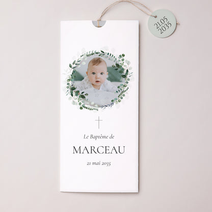 Faire-part Baptême Pochette portrait 2 cartes, étiquette La Couronne Sacrée photo N° 1