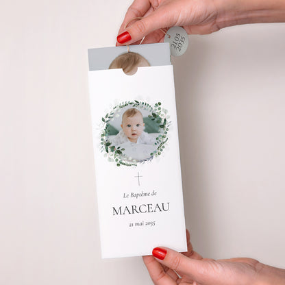 Faire-part Baptême Pochette portrait 2 cartes, étiquette La Couronne Sacrée photo N° 2