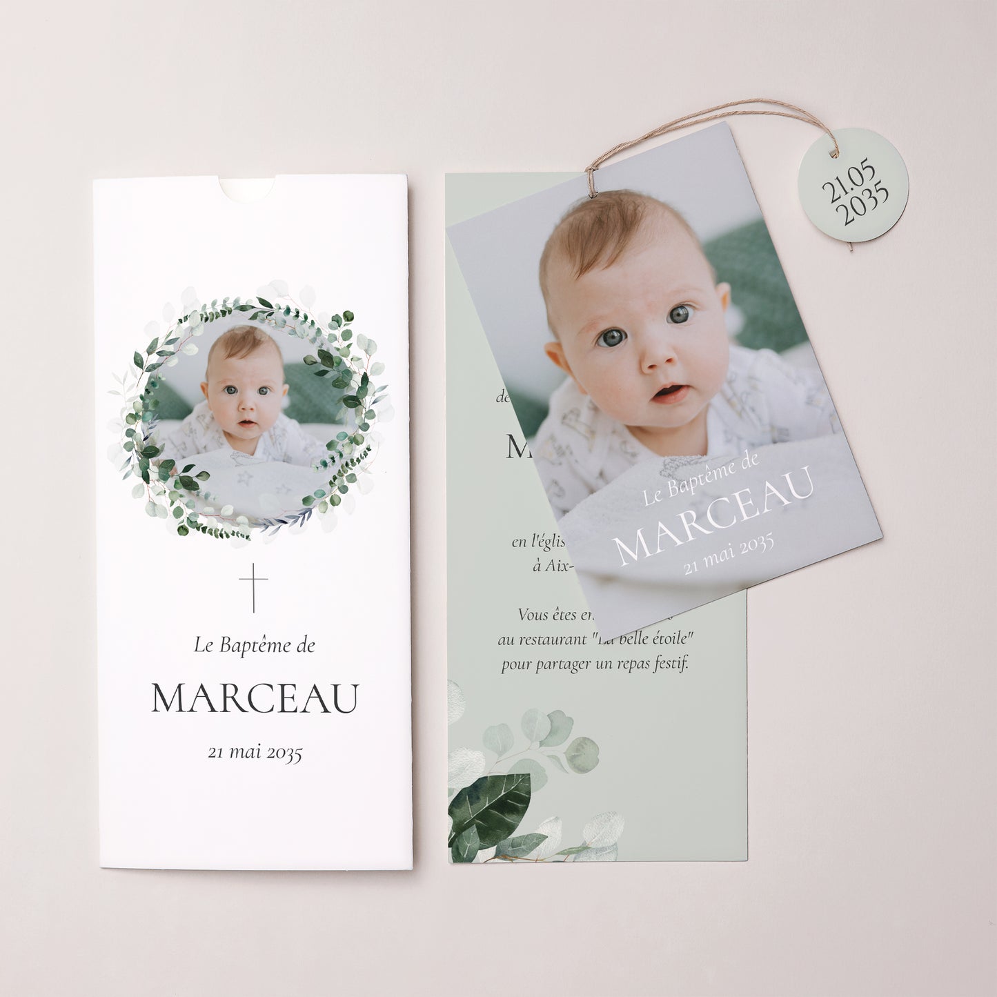 Faire-part Baptême Pochette portrait 2 cartes, étiquette La Couronne Sacrée photo N° 3