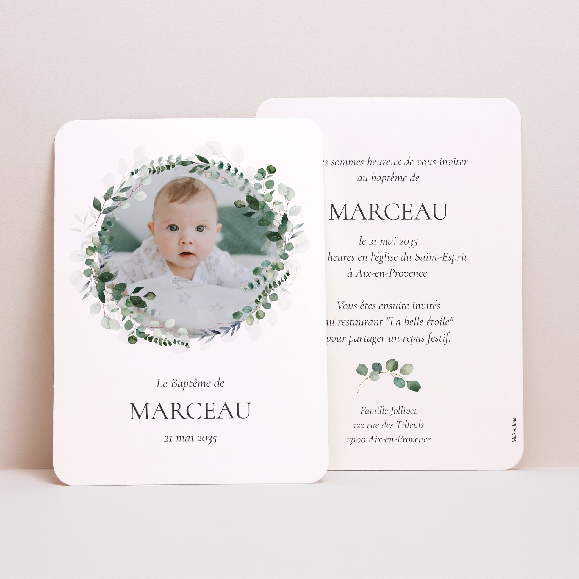 Faire-part Baptême Portrait, bords arrondis La Couronne Sacrée photo N° 1