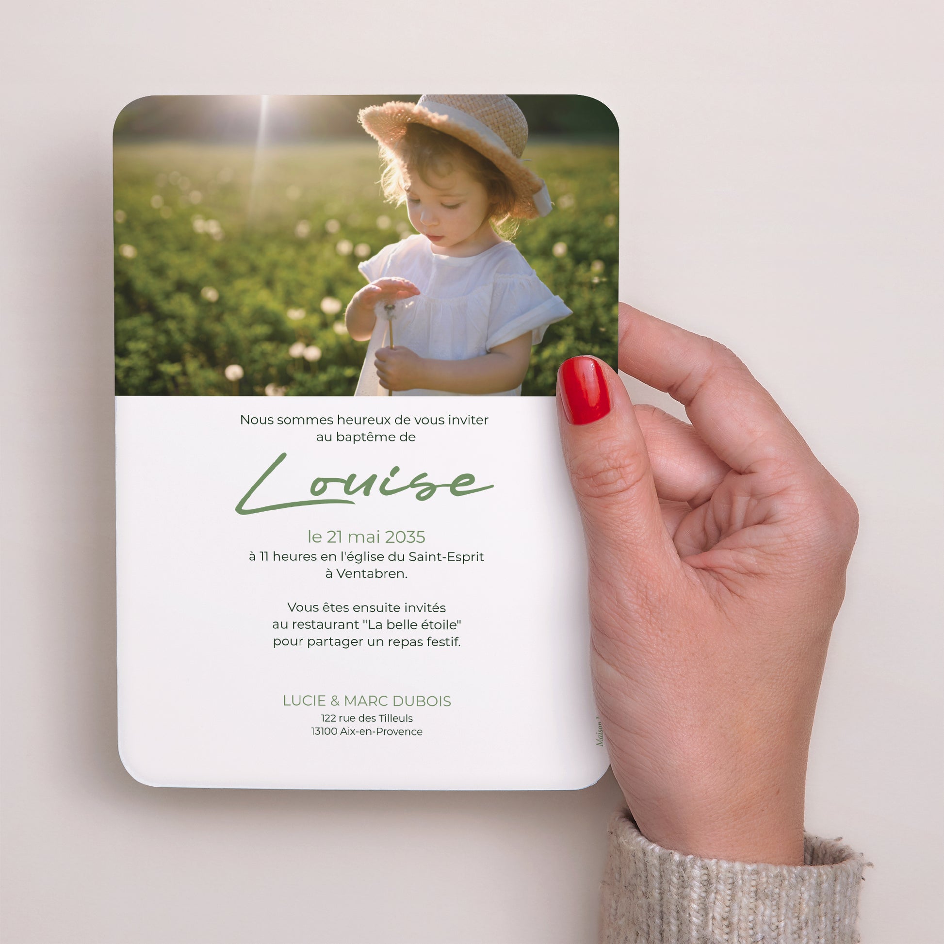 Faire-part Baptême Portrait, bords arrondis Un baptême dans l'herbe photo N° 3