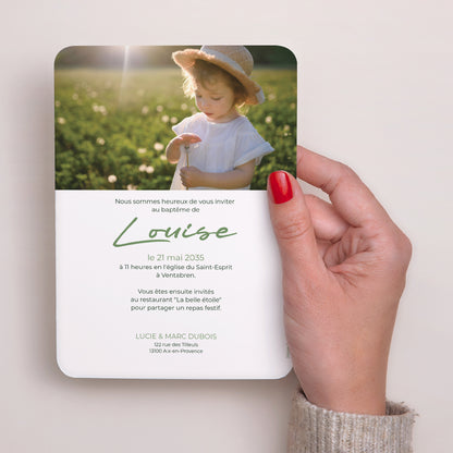 Faire-part Baptême Portrait, bords arrondis Un baptême dans l'herbe photo N° 3