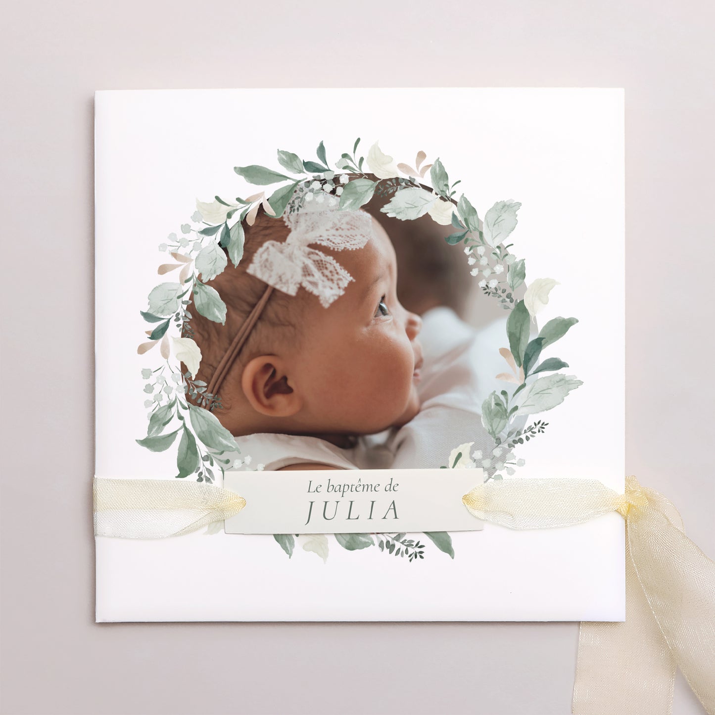Faire-part Baptême Pochette carrée, 3 cartes, étiquette Une Couronne de Douceur photo N° 1