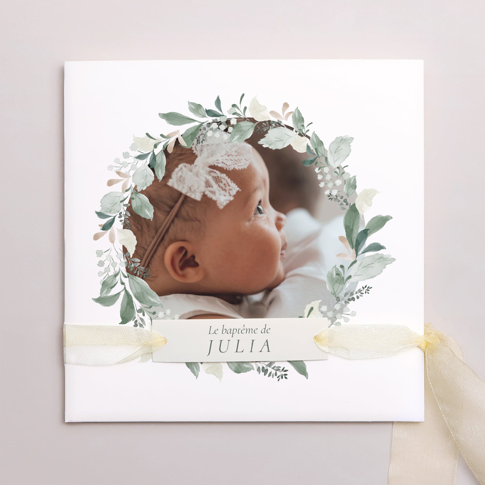 Faire-part Baptême Pochette carrée, 3 cartes, étiquette Une Couronne de Douceur photo N° 1