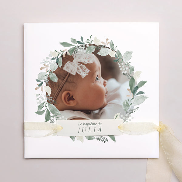 Faire-part Baptême Pochette carrée, 3 cartes, étiquette Une Couronne de Douceur photo