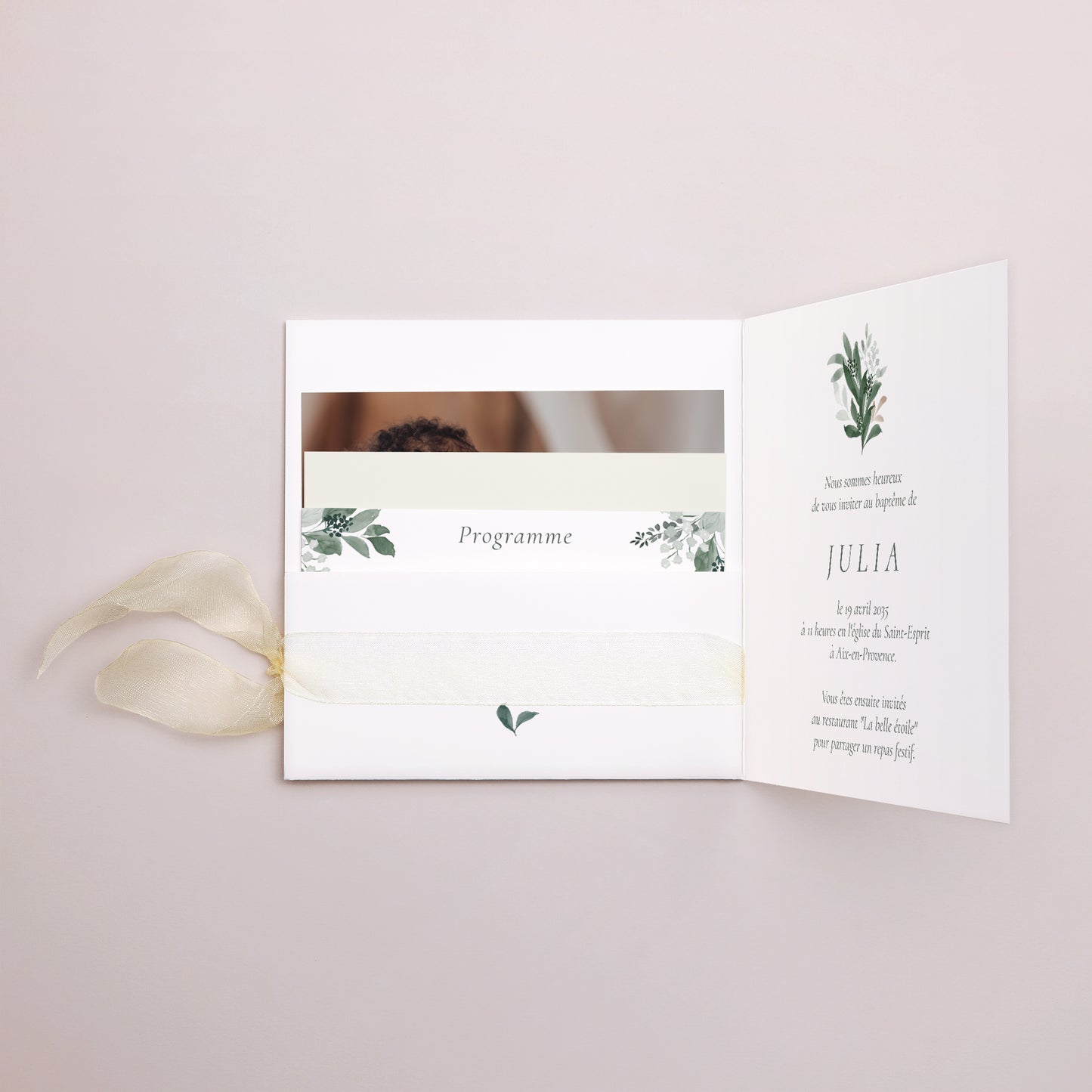 Faire-part Baptême Pochette carrée, 3 cartes, étiquette Une Couronne de Douceur photo N° 2