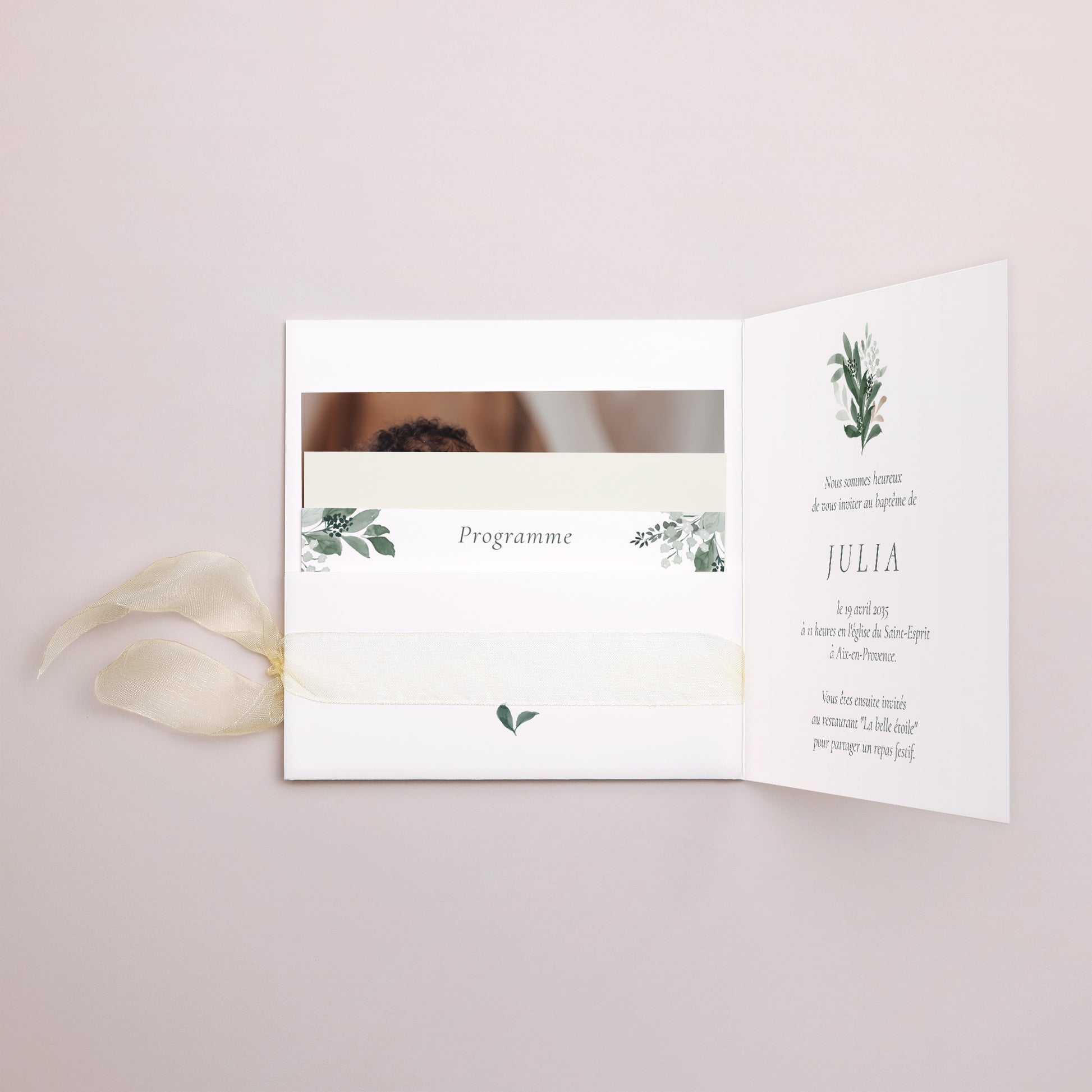 Faire-part Baptême Pochette carrée, 3 cartes, étiquette Une Couronne de Douceur photo N° 2